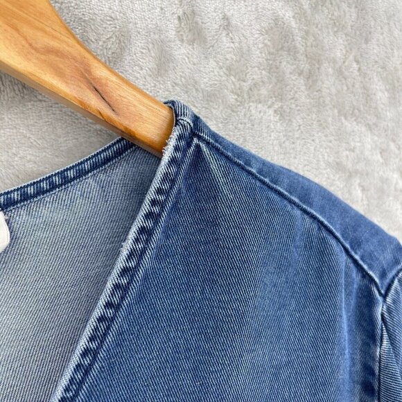 Soft Surroundings V-Neck Tencel Roll Tab Sleeve Blue Chambray Boho Top - Picture 6 of 11